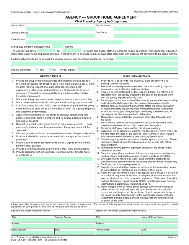 STATE OF CALIFORNIA   AGENCY     GROUP HOME AGREEMENT screenshot