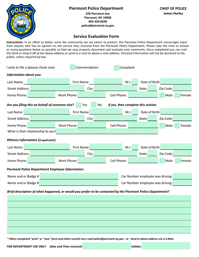 Service Evaluation Form screenshot