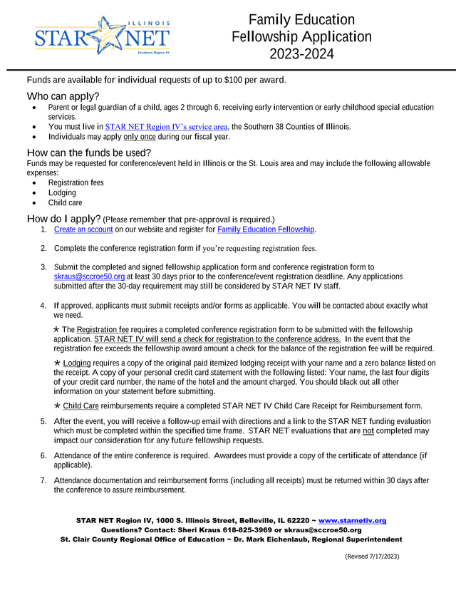 STAR NET Region IV Family Education Fellowship Application screenshot