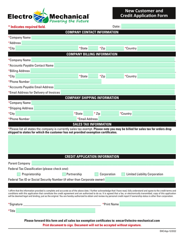 New Customer And Credit Application Form screenshot