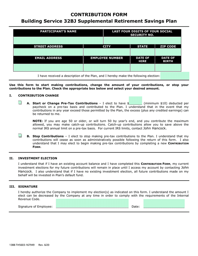 Contribution Form   Building Service 32BJ Supplemental Retirement Savings Plan screenshot
