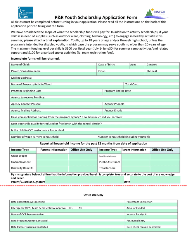 PR Youth Scholarship Application Form screenshot