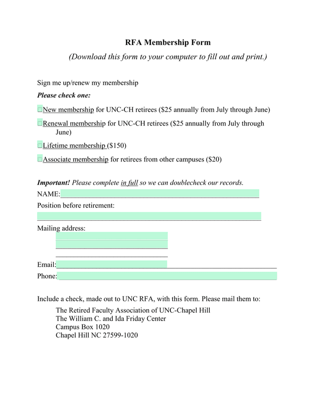 RFA Membership Form screenshot