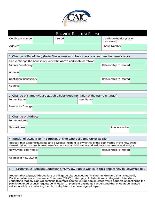 Service Request Form screenshot