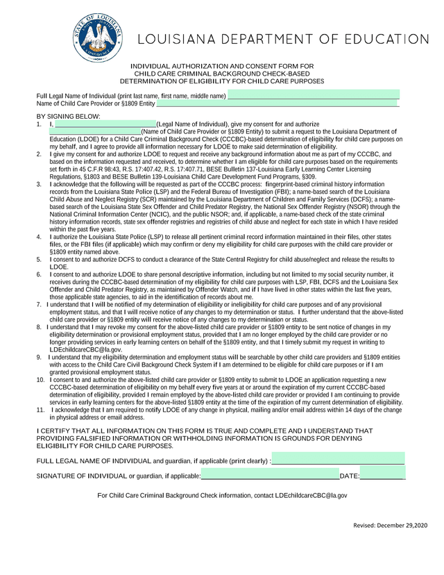 Individual Authorization And Consent Form For Child Care Criminal Background Check Based Determinati screenshot