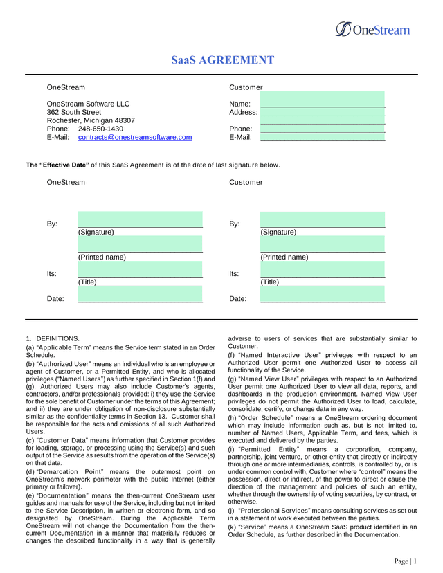 SaaS Agreement screenshot