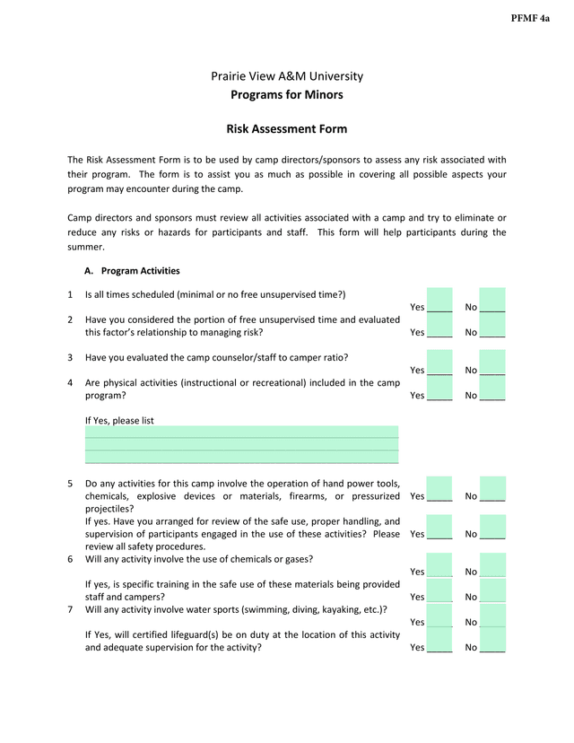 Programs For Minors Risk Assessment Form screenshot