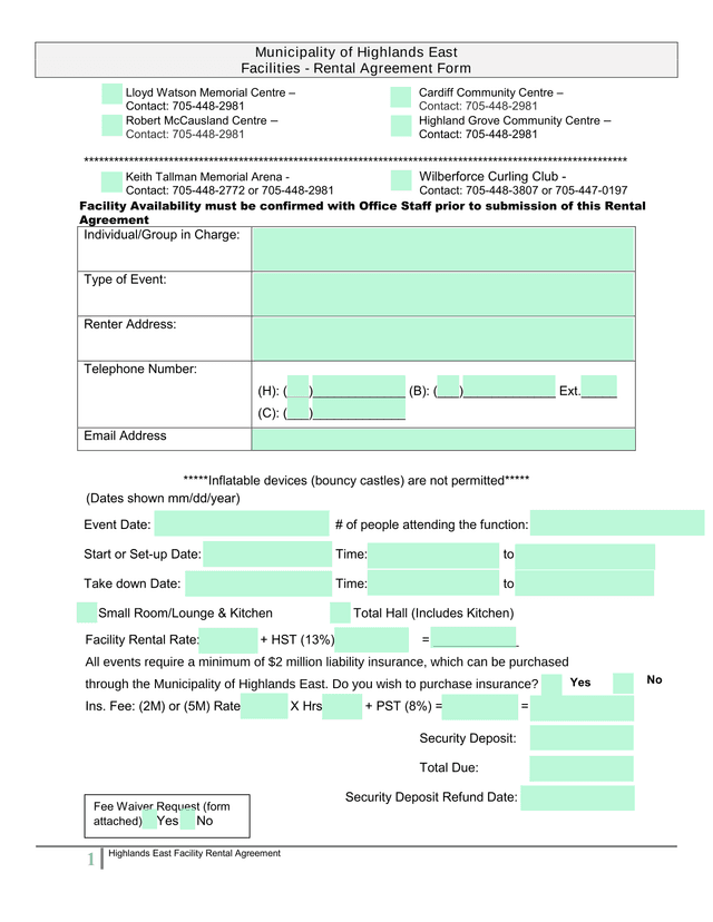 Highlands East Facility Rental Agreement screenshot
