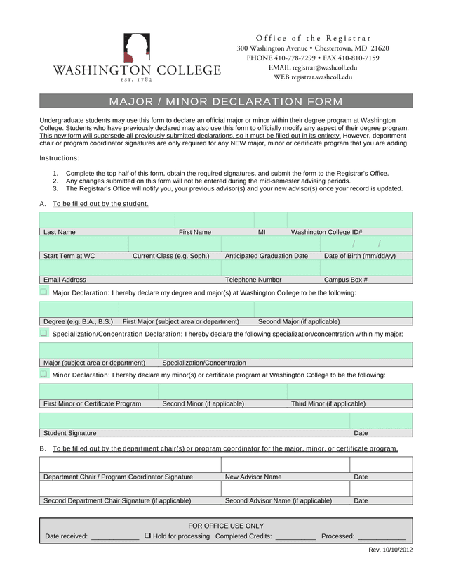 Major  Minor Declaration Form screenshot
