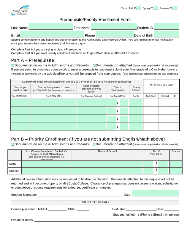 PrerequisitePriority Enrollment Form screenshot