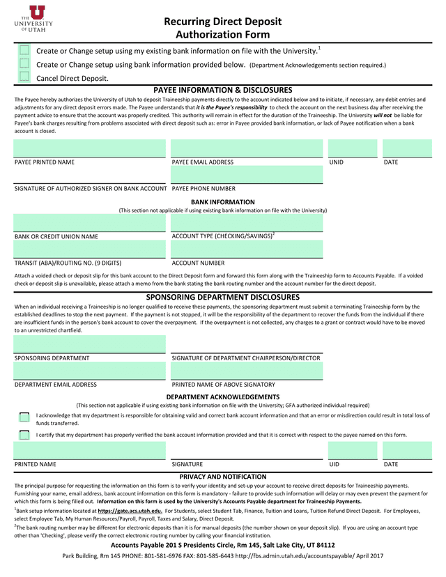 Recurring Direct Deposit Authorization Form screenshot