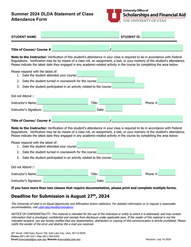 Summer 2024 DLDA Statement Of Class Attendance Form screenshot