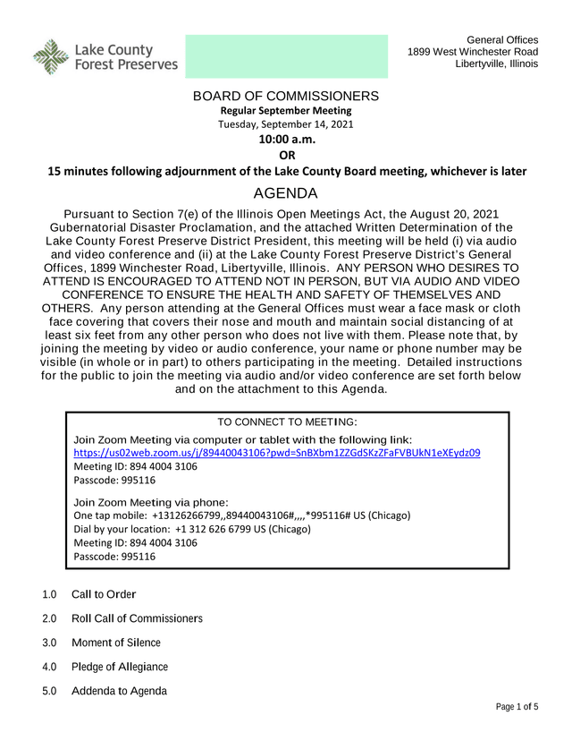 Board Of Commissioners Regular September Meeting Agenda screenshot