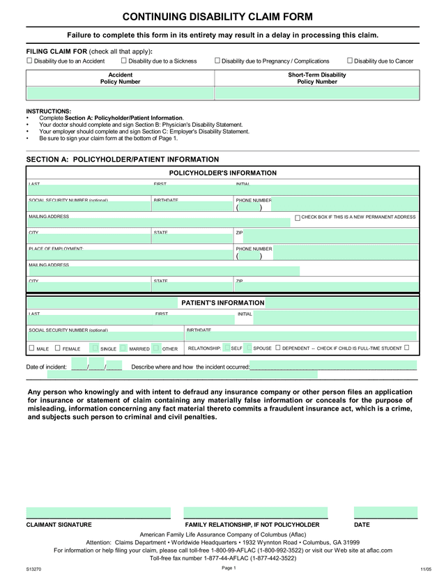 Continuing Disability Claim Form screenshot