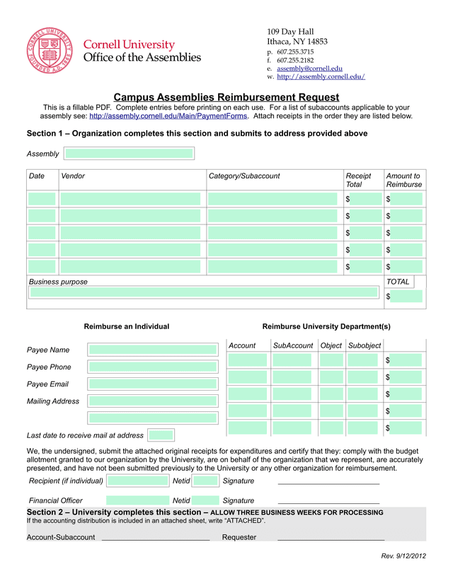 Campus Assemblies Reimbursement Request screenshot