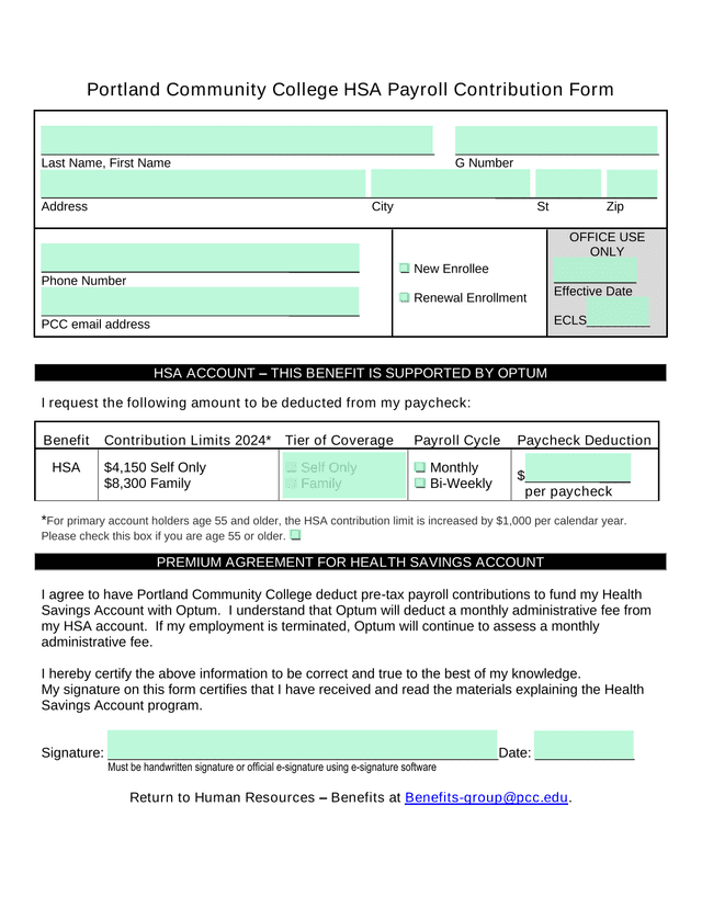 Portland Community College HSA Payroll Contribution Form screenshot
