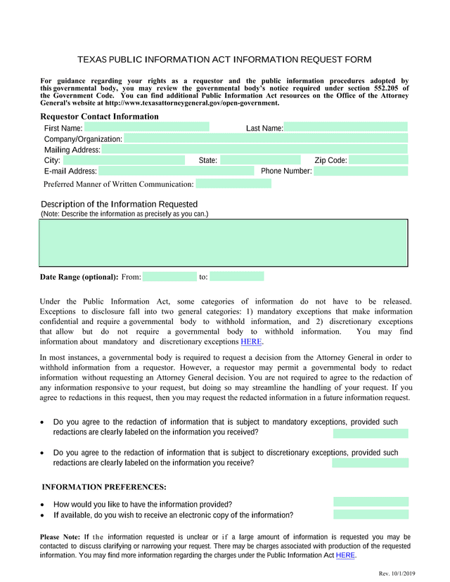 Texas Public Information Act Information Request Form screenshot