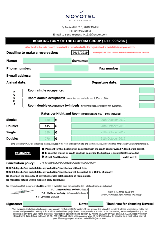 BOOKING FORM OF THE CIOPORA GROUP screenshot