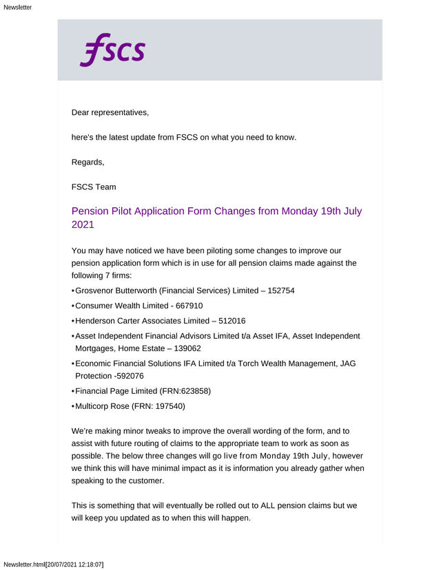 FSCS Newsletter screenshot