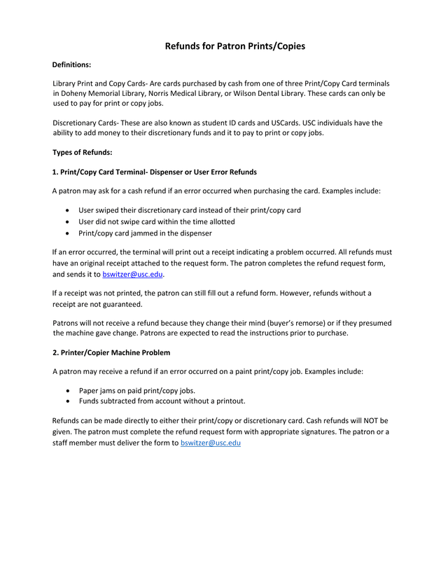 USC Libraries Refund Request Form screenshot
