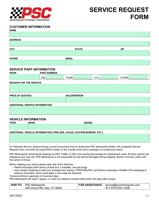 SERVICE REQUEST FORM screenshot