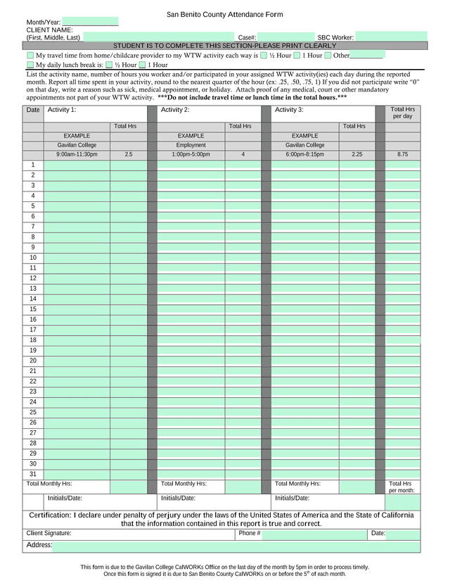 San Benito County Attendance Form screenshot