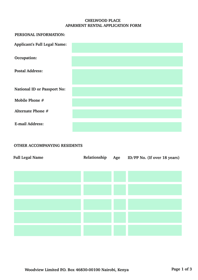 CHELWOOD PLACE APARMENT RENTAL APPLICATION FORM screenshot