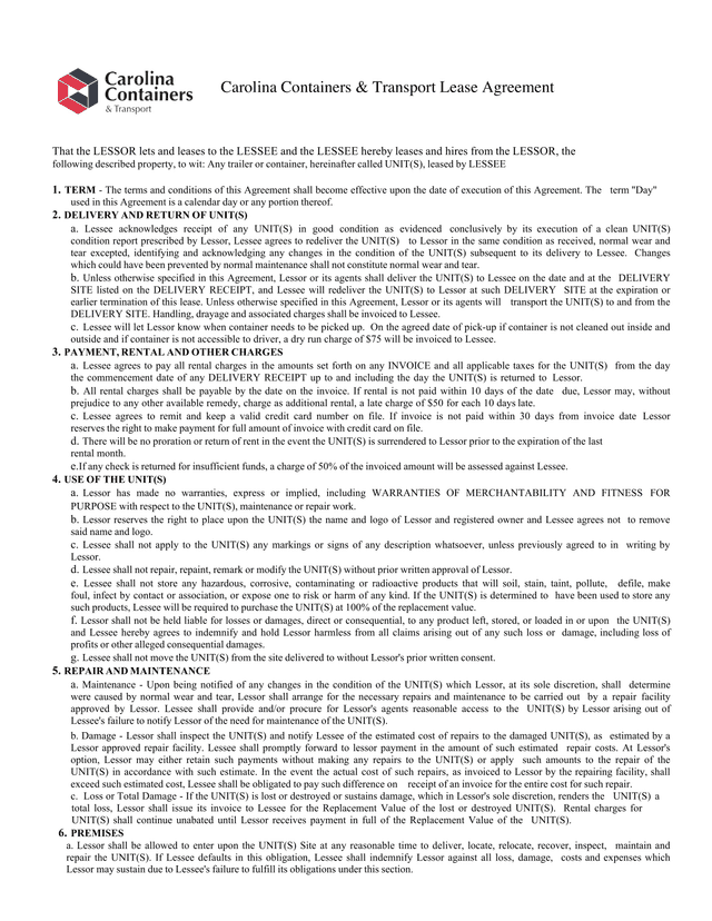TrailerContainer Lease Agreement screenshot
