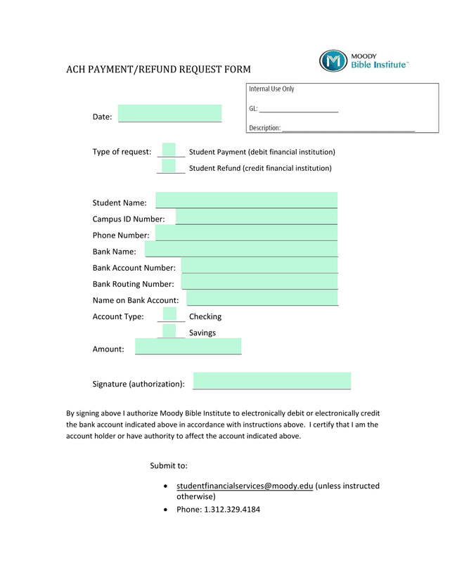ACH PAYMENTREFUND REQUEST FORM screenshot