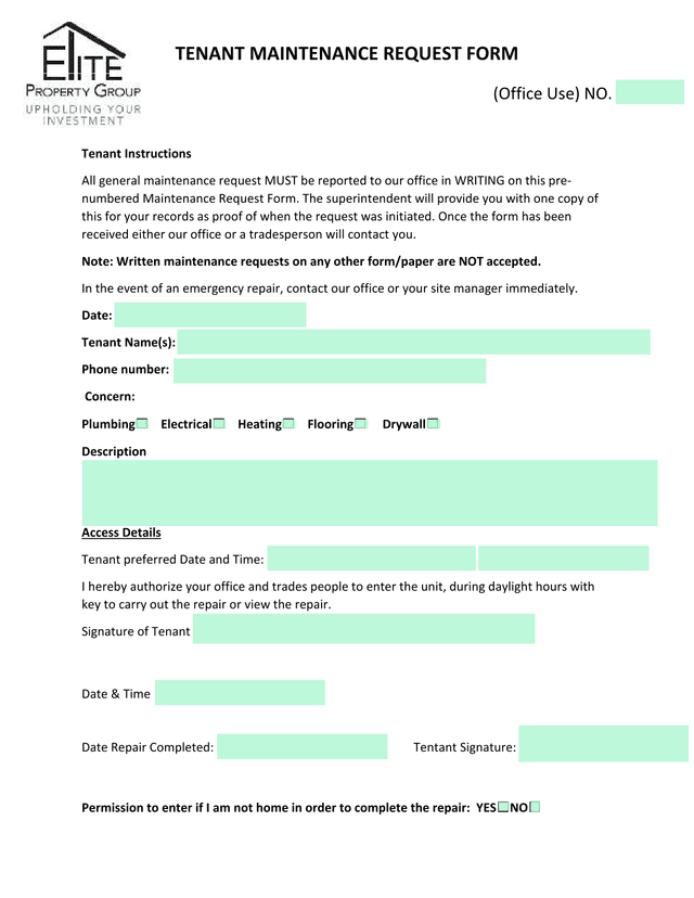Tenant Maintenance Request Form screenshot