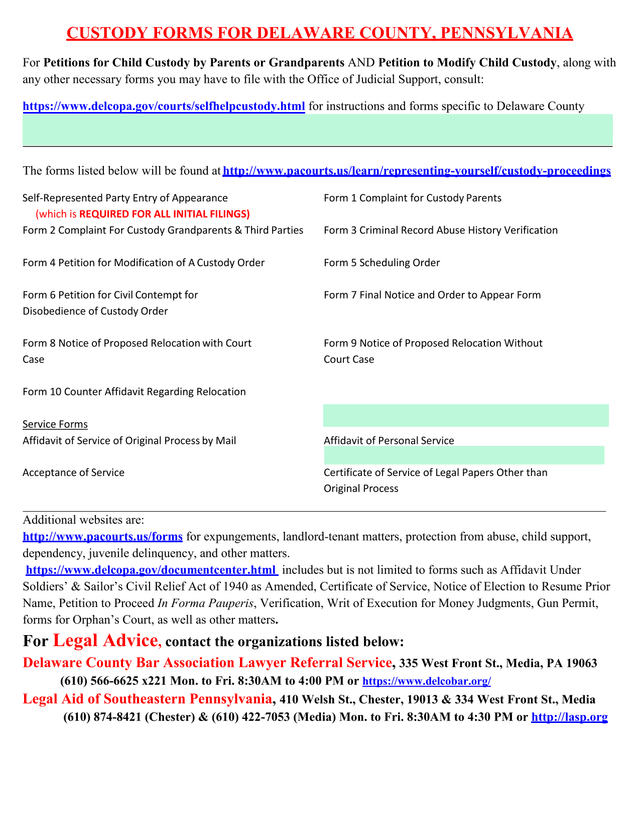 Custody Forms For Delaware County, Pennsylvania screenshot