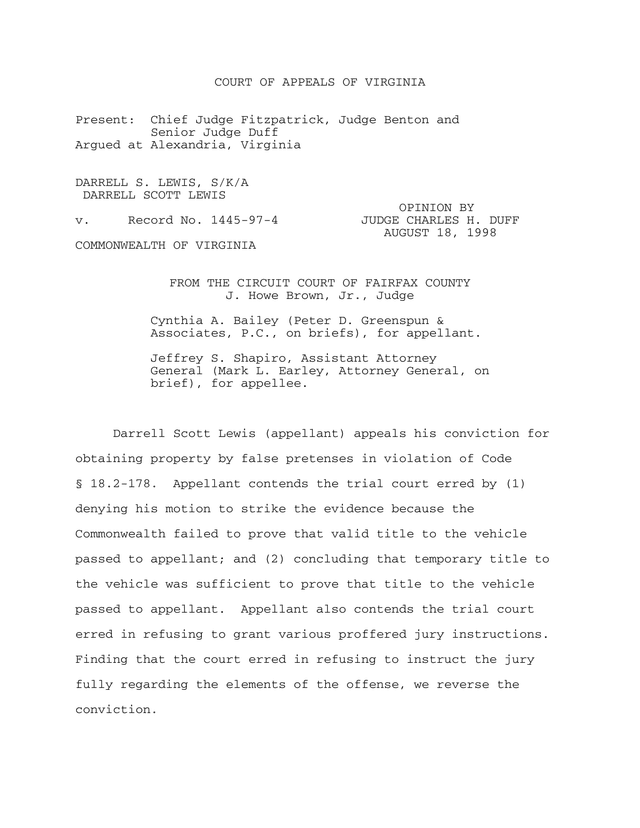 Lewis V. Commonwealth Of Virginia Court Opinion screenshot