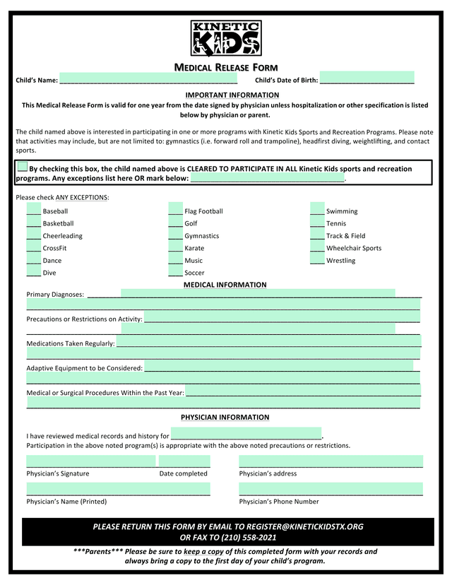 Medical Release Form screenshot