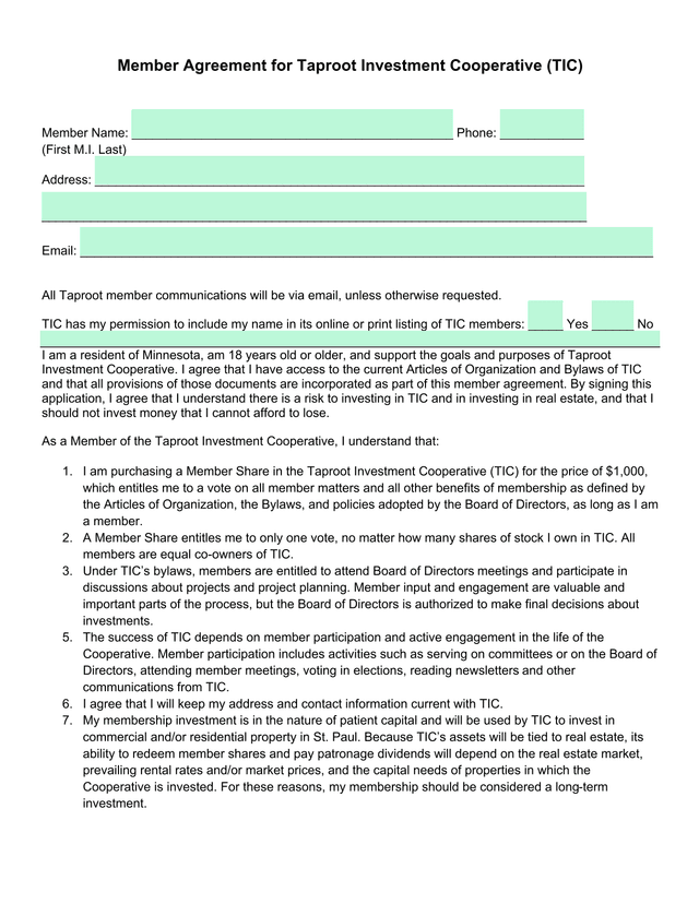 Member Agreement For Taproot Investment Cooperative (TIC) screenshot