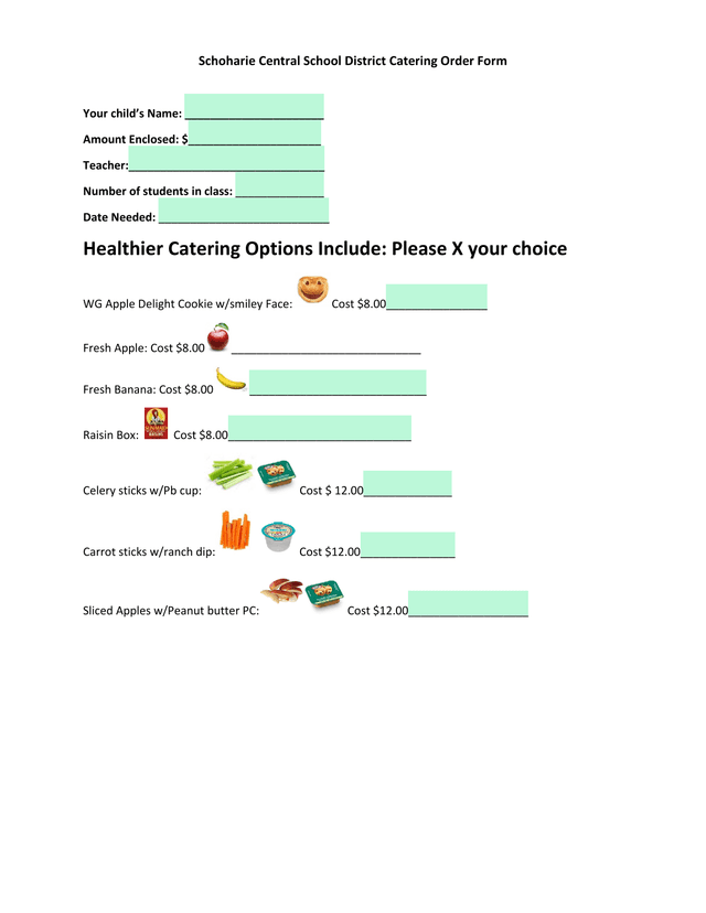 Schoharie Central School District Catering Order Form screenshot