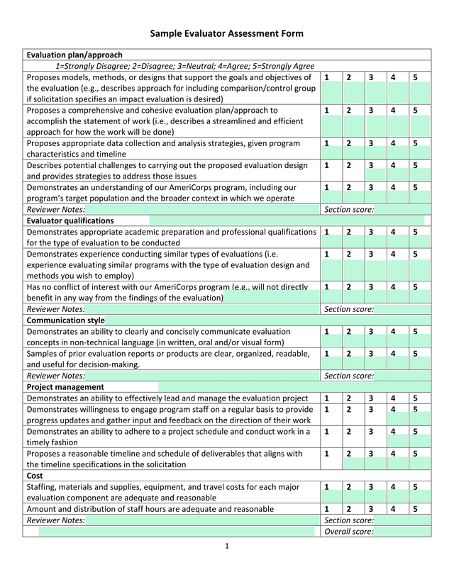 Sample Evaluator Assessment Form screenshot
