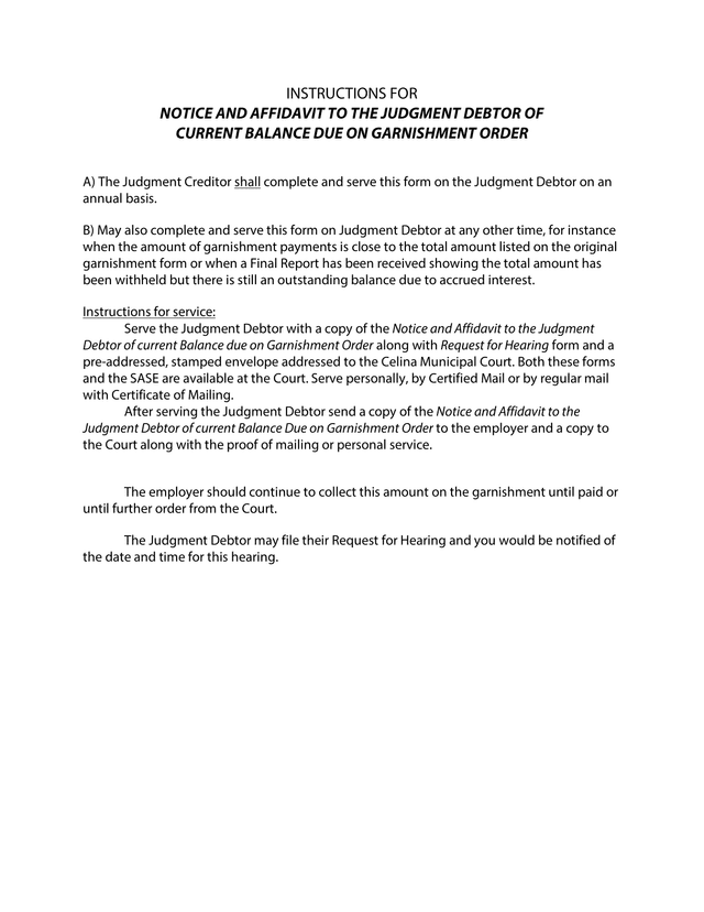 Notice And Affidavit To The Judgment Debtor Of Current Balance Due On Garnishment Order screenshot
