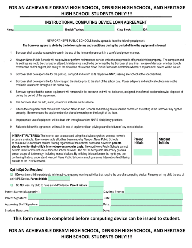Instructional Computing Device Loan Agreement screenshot