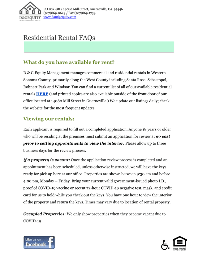 Residential Rental FAQs screenshot
