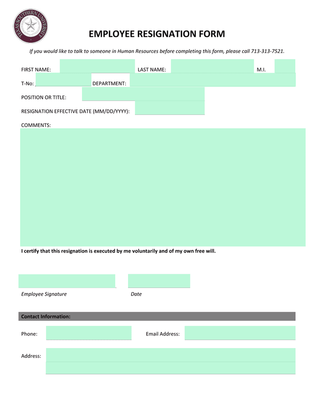 Employee Resignation Form screenshot