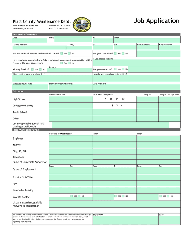 Piatt County Maintenance Dept. Job Application screenshot