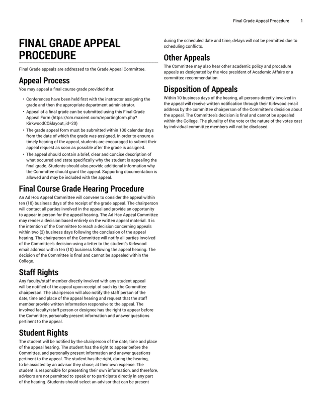 Final Grade Appeal Procedure screenshot