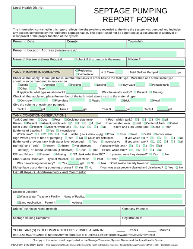 SEPTAGE PUMPING REPORT FORM screenshot