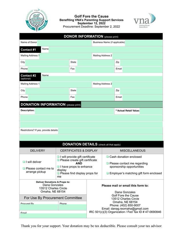 Golf Fore The Cause Donation Form screenshot