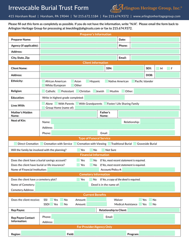 Irrevocable Burial Trust Form screenshot