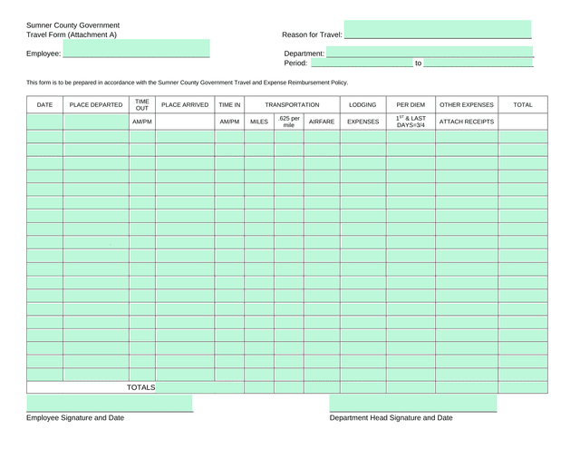 Sumner County Government Travel Form (Attachment A) screenshot