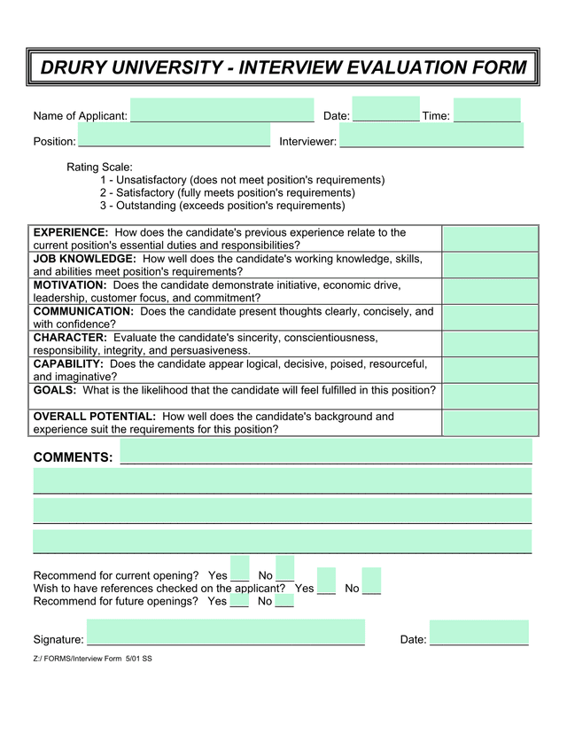Drury University   Interview Evaluation Form screenshot