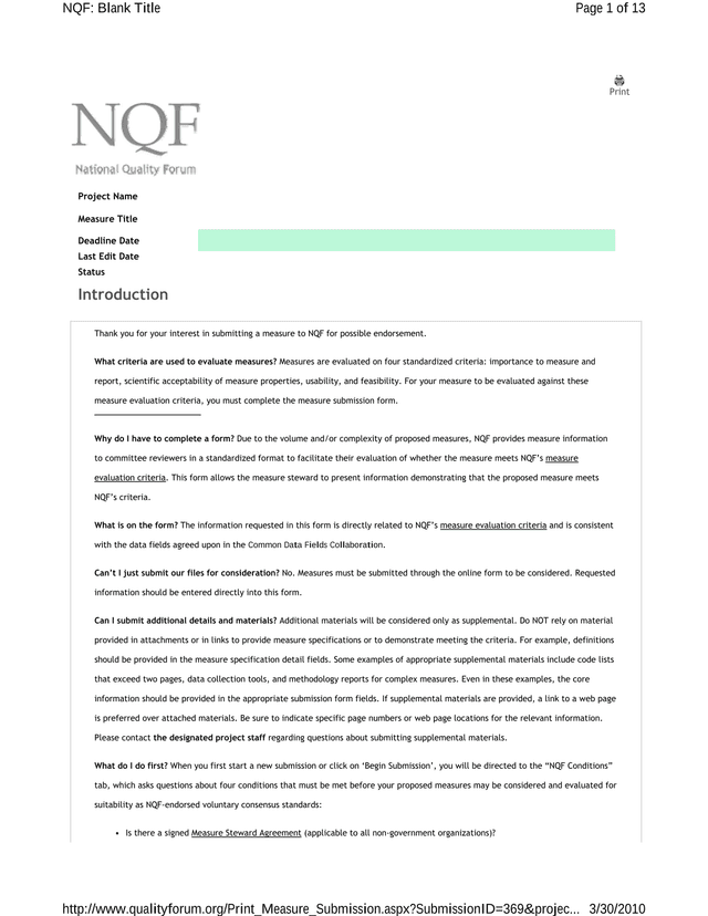 NQF Measure Submission Form screenshot