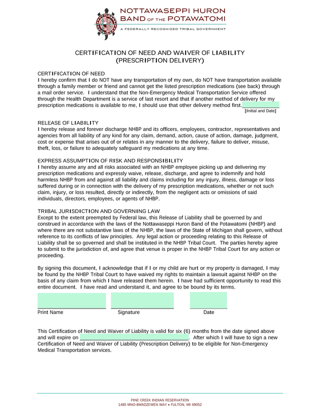 Certification Of Need And Waiver Of Liability (Prescription Delivery) screenshot