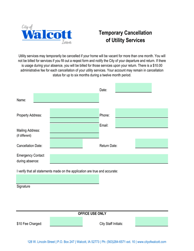 Temporary Cancellation Of Utility Services screenshot